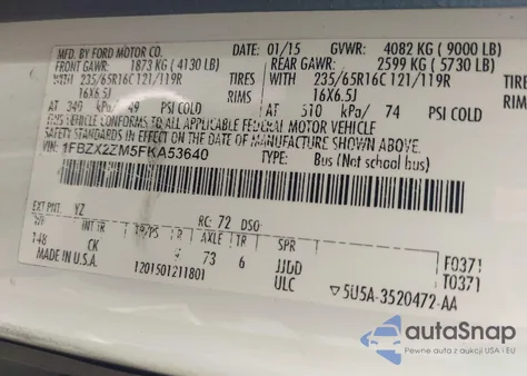 2015 Ford Transit T-350 из США, поврежденный, VIN 1FBZX2ZM5FKA53640